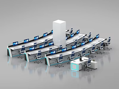 Curved Office Desks In Control Room With Multiple Computer Monitors And Chairs 3d model