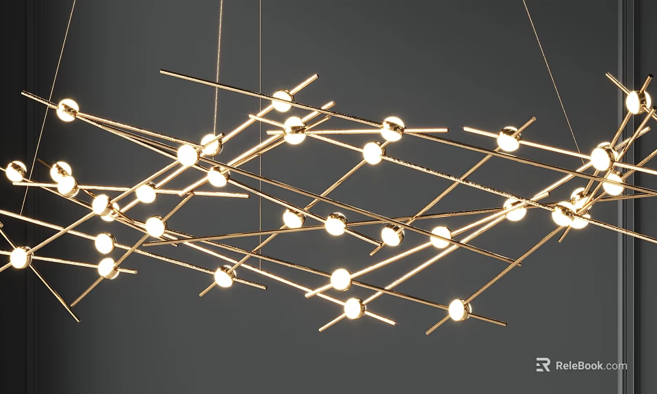 Modern Geometric Chandelier with Gold Metal Crossed Rods and Round Bulbs 3d model 