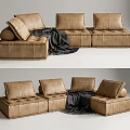 Brown Leather Sectional Sofa With Modular Design And Black Throw Blanket 3d model