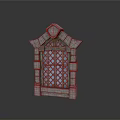 Medieval Style Stone Gate With Arched Top Stained Glass Windows And Decorative Carvings