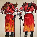Game Movie Character In Red And White Tattered Outfit With Horned Decorations And Golden Patterns