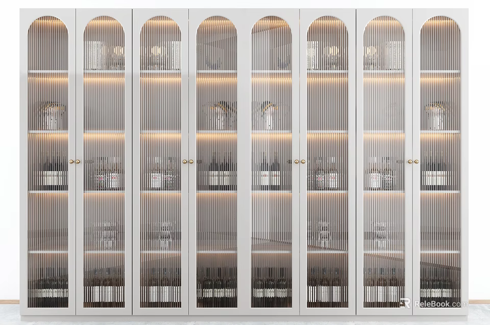 Elegant Modern Wine Cabinet with Arch Glass Doors LED Lighting and Storage Shelves 3d model 