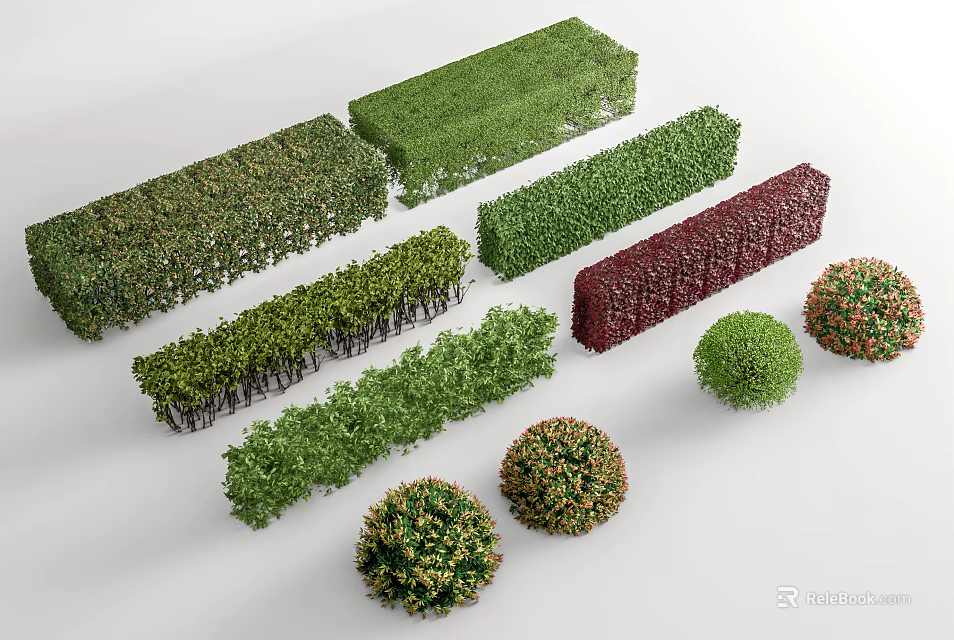 Various Green Red Shrubs In Different Shapes Hedges And Round Balls For Garden Landscaping 3d model 
