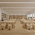 Modern Learning Space Interior With Wooden Tables Stools Bookshelves And Windows