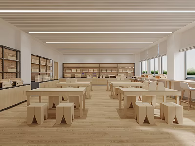 Modern Learning Space Interior With Wooden Tables Stools Bookshelves And Windows 3d model