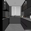 Modern Kitchen Interior With Black Cabinets White Countertop Large Window And Coffee Machine 3d model