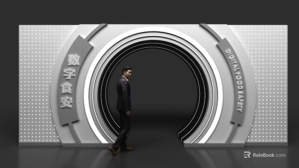 Digital Food Fair Archway With Digital Food Safety Signage And Man Walking Through 3d model 