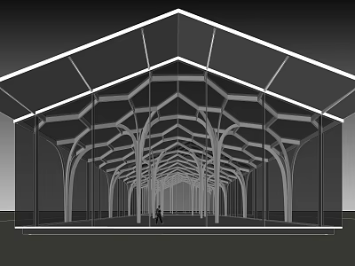 Geometric Roof Glass Wall Structure With Supporting Columns And Long Corridor Design 3d model