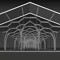 Geometric Roof Glass Wall Structure With Supporting Columns And Long Corridor Design