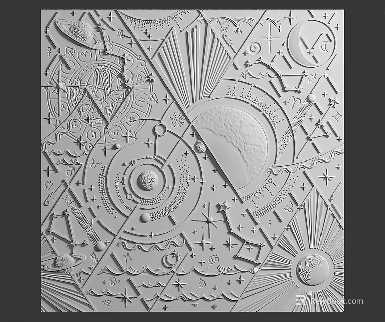 Decorative Relief Background Wall With Geometric Patterns Planets Moon Sun And Symbols 3d model 