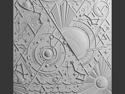 Decorative Relief Background Wall With Geometric Patterns Planets Moon Sun And Symbols 3d model