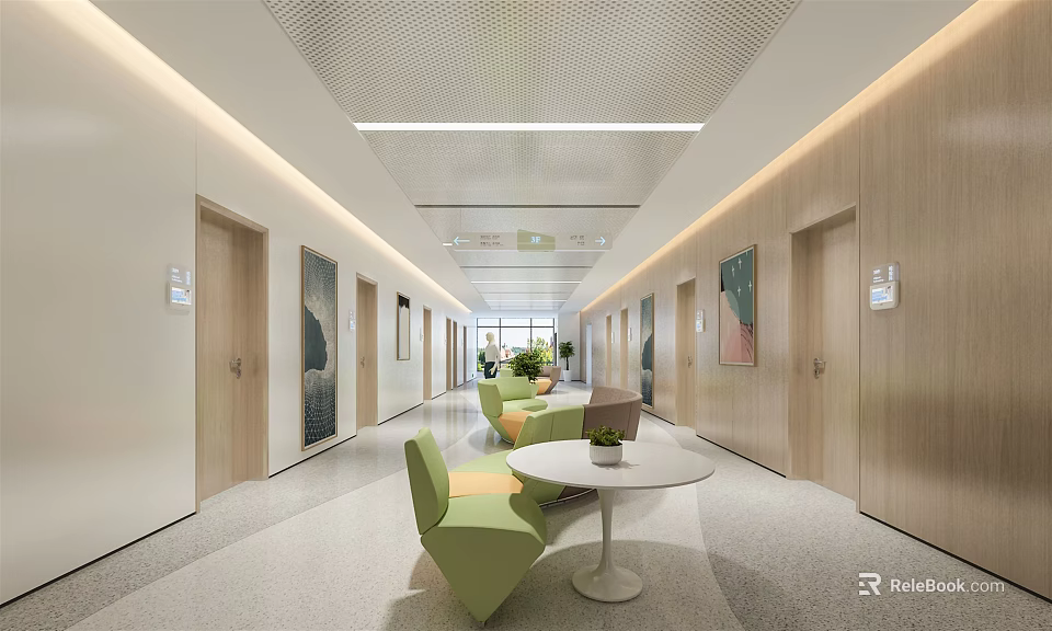 Modern Elevator Hallway Interior Design With Wooden Doors Paintings Green Seating And Round Table 3d model 
