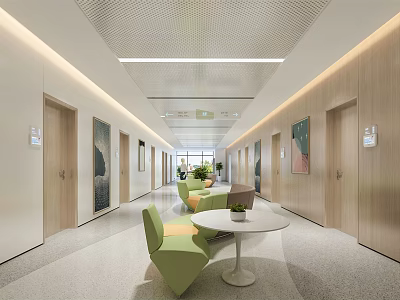 Modern Elevator Hallway Interior Design With Wooden Doors Paintings Green Seating And Round Table 3d model