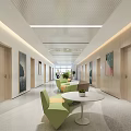 Modern Elevator Hallway Interior Design With Wooden Doors Paintings Green Seating And Round Table