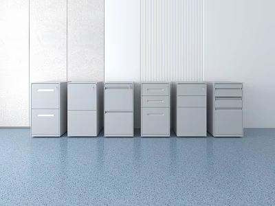 Six Gray Bookcases With Different Designs Against Light Colored Walls And Blue Floor 3d model