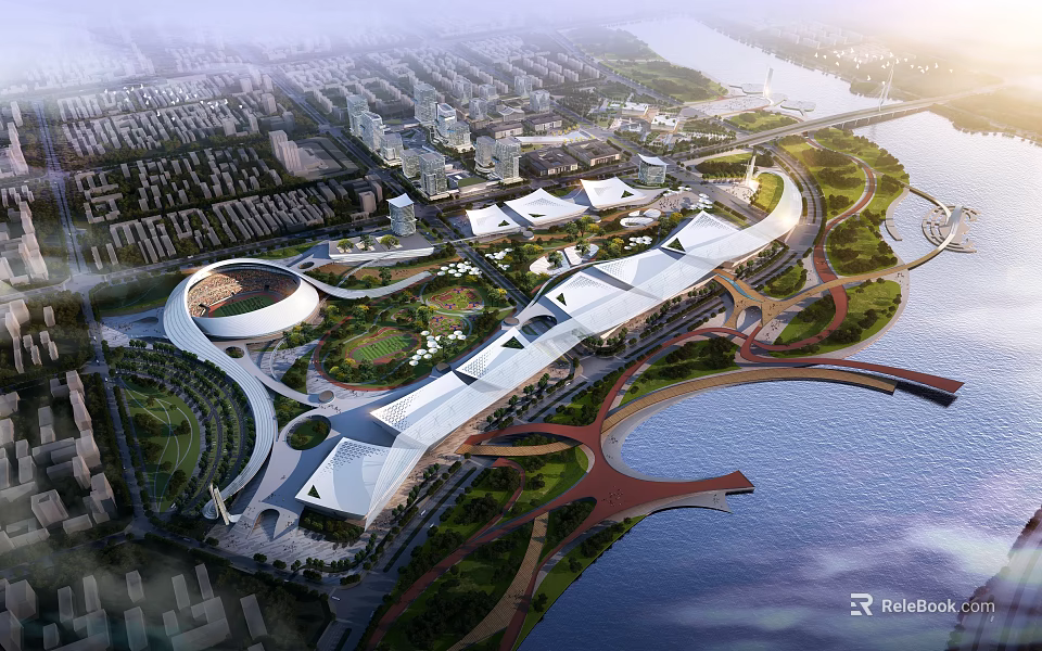Aerial View Planning of Modern Waterfront Urban Development With Green Spaces And Roads 3d model 