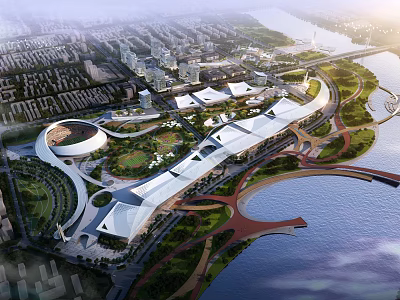 Aerial View Planning of Modern Waterfront Urban Development With Green Spaces And Roads 3d model