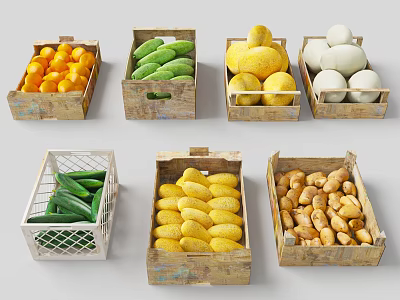 Assorted Fresh Vegetables in Wooden Crates and White Baskets with Green Peas Yellow Potatoes 3d model