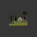 Cozy Cottage Courtyard Featuring Red Roof Cypress Trees Stone Path Green Lawn And Wooden Bench