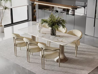 Modern Dining Table Set with Marble Top Beige Chairs and Green Plant in Bright Kitchen 3d model