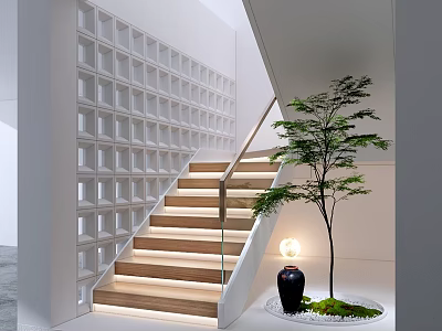 Modern Indoor Staircase With Wooden Steps Glass Railing Lattice Wall And Step Lighting Design 3d model