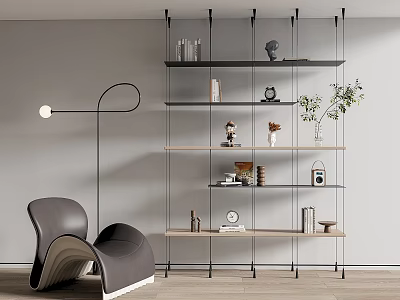 Modern Open Shelving Unit With Decorative Items Books Vase Chair And Floor Lamp 3d model