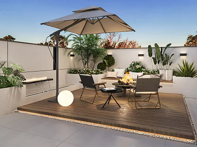 Modern Garden Landscape With Outdoor Patio Wooden Flooring Umbrella Table Chairs And Green Plants 3d model