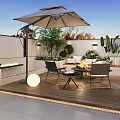 Modern Garden Landscape With Outdoor Patio Wooden Flooring Umbrella Table Chairs And Green Plants