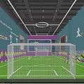 Indoor Football Field With Blue Walls White Sports Silhouettes Hexagon Decorations Green Turf And Goalpost