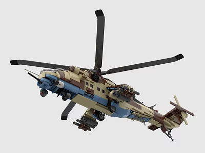 Lego Helicopter Model Detailed Design With Brown Blue Color And Rotors 3d model