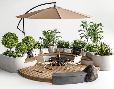 Outdoor Chairs With Fire Pit Under Patio Umbrella On Wooden Deck Surrounded By Green Plants 3d model