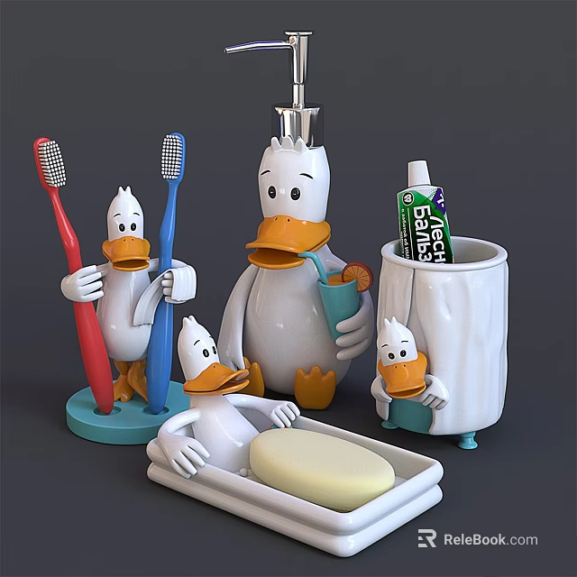 Cute Cartoon Duck Shaped Bathroom Essentials With Toothbrushes Toothpaste Soap And Cup 3d model 