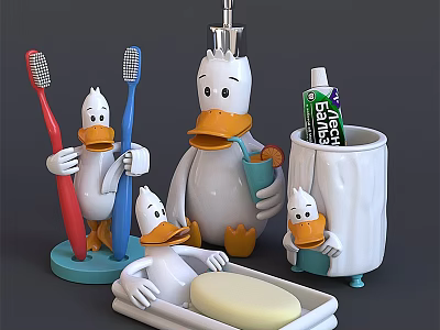 Cute Cartoon Duck Shaped Bathroom Essentials With Toothbrushes Toothpaste Soap And Cup 3d model