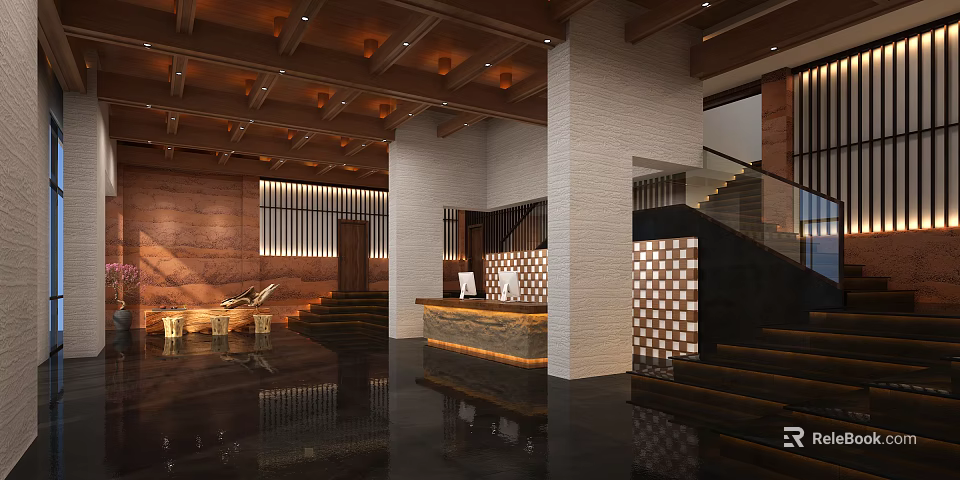 Elegant Hotel Lobby With Wooden Ceiling Marble Reception Desk Polished Floor And Staircase 3d model 