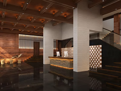 Elegant Hotel Lobby With Wooden Ceiling Marble Reception Desk Polished Floor And Staircase 3d model