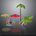 Beach Outdoor Setup With Palm Trees Yellow Red Umbrellas And Chairs