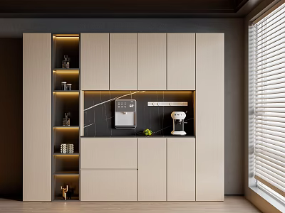 Modern Wine Cabinet Interior Design With LED Lighting Display Shelves And Black Countertop 3d model