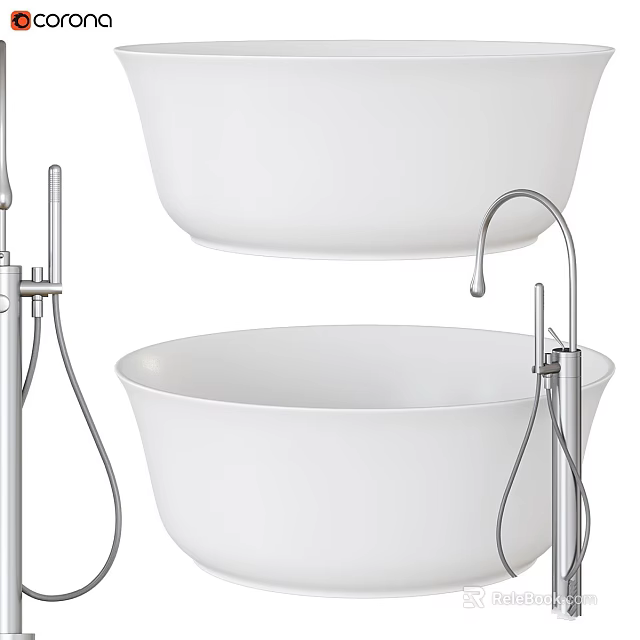Modern Freestanding Bathtub Design With White Tub And Chrome Faucet Fixtures 3d model 