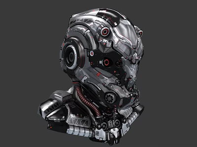 Futuristic Mechanical Helmet 3D Model With Detailed Metallic Components And Red Accents 3d model
