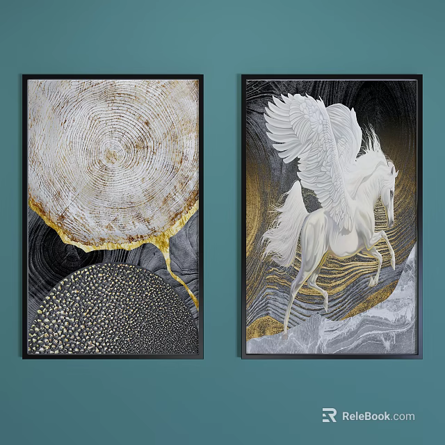 Modern Decorative Wall Art With Tree Ring Texture Winged Unicorn And Gold Accents 3d model 