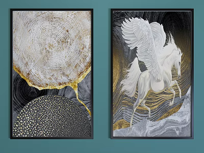 Modern Decorative Wall Art With Tree Ring Texture Winged Unicorn And Gold Accents 3d model