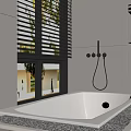 Modern Bathroom Interior Featuring White Bathtub Window Blinds And Shelves With Toiletries