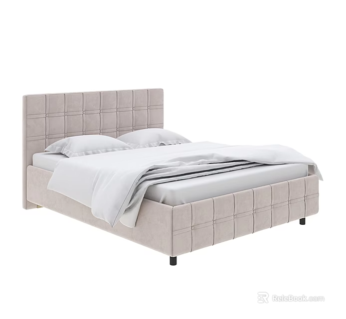 Modern Minimalist Light Beige Double Bed With Tufted Headboard And White Bedding 3d model