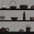 Elegant Ceramic Tea Sets Display On Multi Layered Shelves With Teapots And Cups