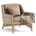 Beige Accent Chair with Plaid Pillow and Fringed Plaid Blanket on Dark Wooden Legs