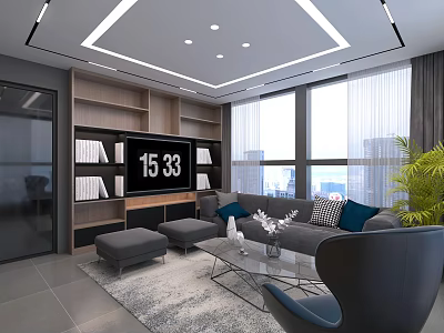 Modern Living Room Interior With Gray Sofa Ottomans Glass Coffee Table Wooden Bookshelf Large Windows And Green Plant 3d model