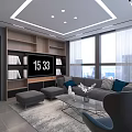 Modern Living Room Interior With Gray Sofa Ottomans Glass Coffee Table Wooden Bookshelf Large Windows And Green Plant