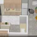 Modern Kitchen Interior Featuring Swing Door With Wooden Cabinet And Tile Floor