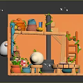 Cute Cartoon Indoor Scene With Blue Cow Curtain Wooden Shelves Round Table And Vine Plants