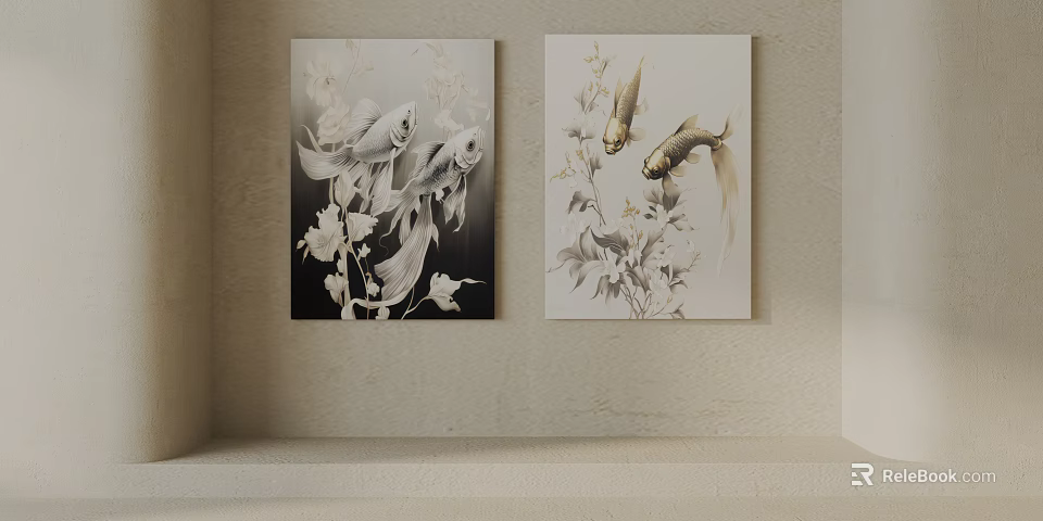 Two Panel Wall Art Featuring Goldfish And Botanical Elements In Black White And Light Tones 3d model